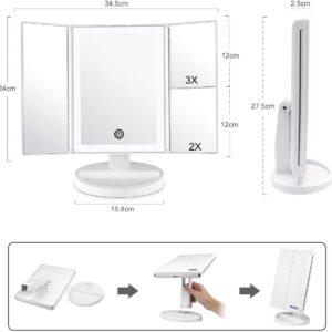 Espejo Maquillaje, Luz ajustable con LED Táctil, Tríptica Aumentos 1X, 2X, 3X, 10X, Rotación ajustable de 180 °, fuente de alimentación doble - Imagen 9