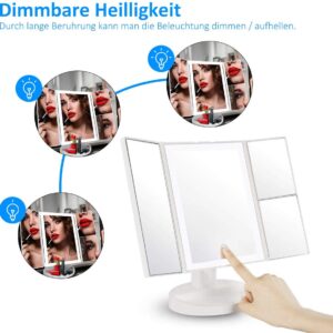 Espejo Maquillaje, Luz ajustable con LED Táctil, Tríptica Aumentos 1X, 2X, 3X, 10X, Rotación ajustable de 180 °, fuente de alimentación doble - Imagen 6