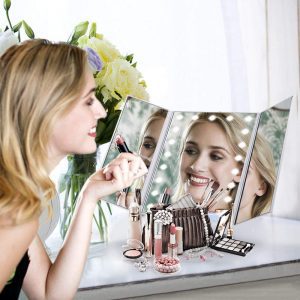 Espejo Maquillaje, Luz ajustable con LED Táctil, Tríptica Aumentos 1X, 2X, 3X, 10X, Rotación ajustable de 180 °, fuente de alimentación doble