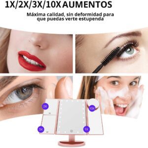 Espejo Maquillaje, Luz ajustable con LED Táctil, Tríptica Aumentos 1X, 2X, 3X, 10X, Rotación ajustable de 180 °, fuente de alimentación doble - Imagen 5